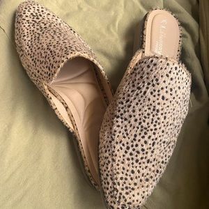 Brand new Never worn. Slide on mules. Camel with black dots and gold accents.